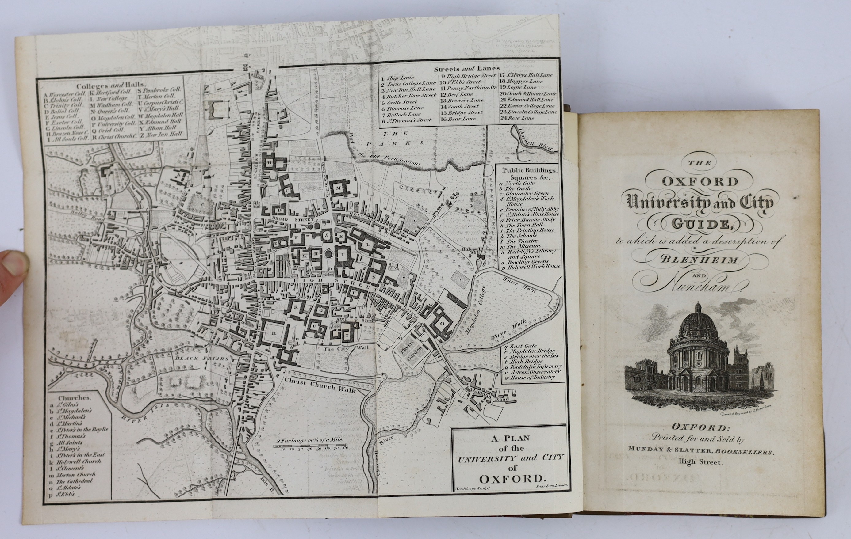 OXON: The Oxford University and City Guide, on a new plan...(and) a Guide to Blenheim, Nuneham, and the newly discovered Roman Villa, near Northleigh. pictorial engraved and printed titles, folded plan and 7 plates; old